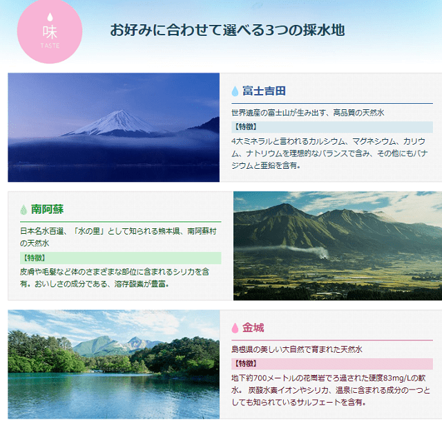 お好みに合わせて選べる３つの採水地